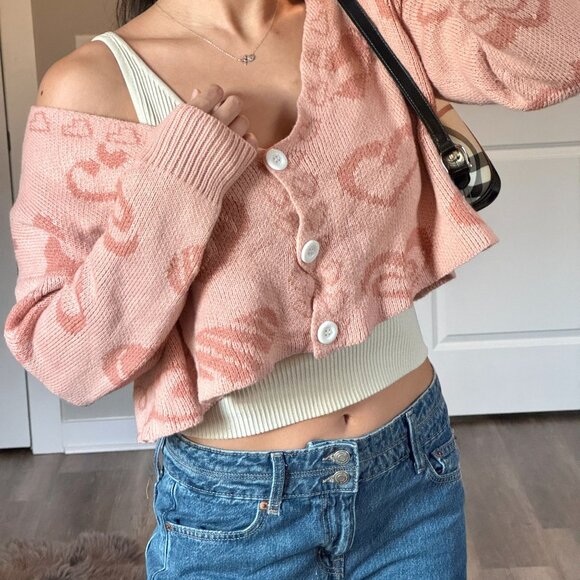 Y2K Pink Cropped Heart Cardigan Sweater Oversized Small Coquette Girlcore Cute - Picture 2 of 7